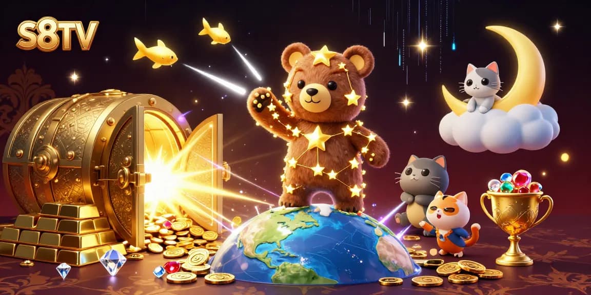 Scoop up winnings with S8TV's thrilling casino experience amidst a treasure-themed 3D scene.