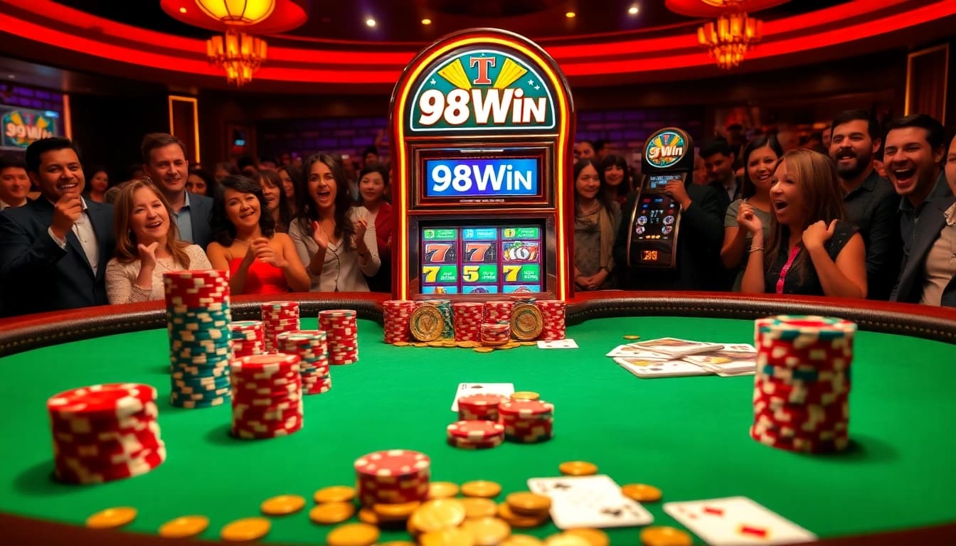 High-energy poker game scene with 98Win branding and colorful chips on a luxurious table.