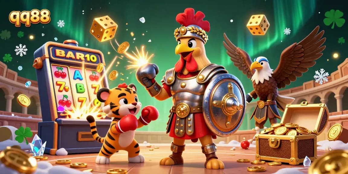 Get ready to win big with qq88 in this vibrant casino-themed illustration featuring an epic gladiator rooster!