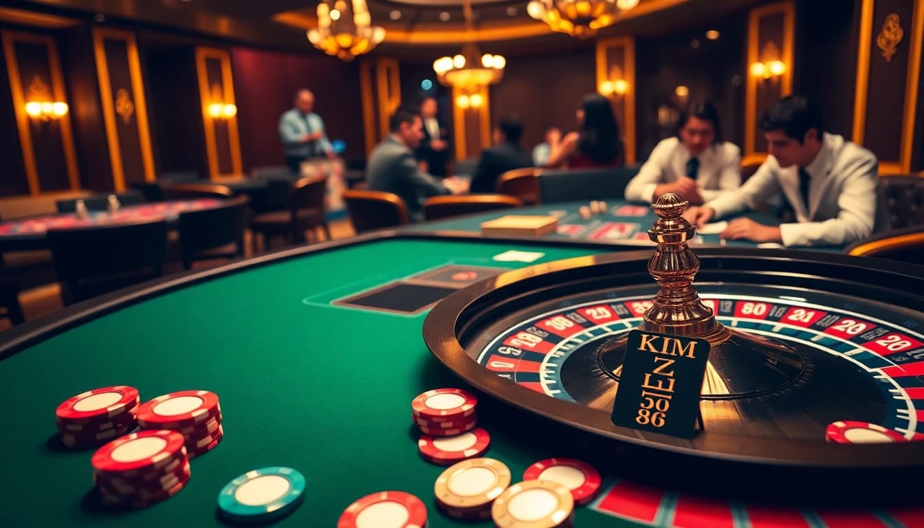 KIM88 branded roulette table scene showcasing high-stakes poker excitement with vibrant chips and cards.