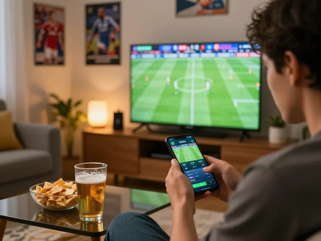 Tỷ lệ kèo nhà cái 5 displayed on sports betting app in a lively home setting during a match.