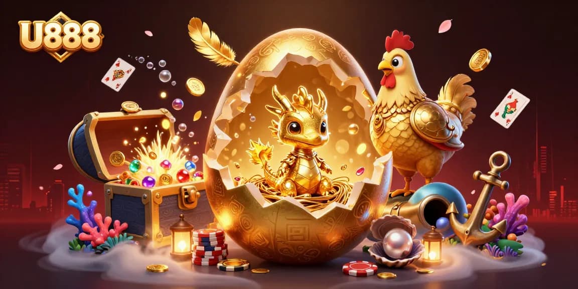 U888’s enchanting golden dragon surprises with poker chips amidst treasures and fun.