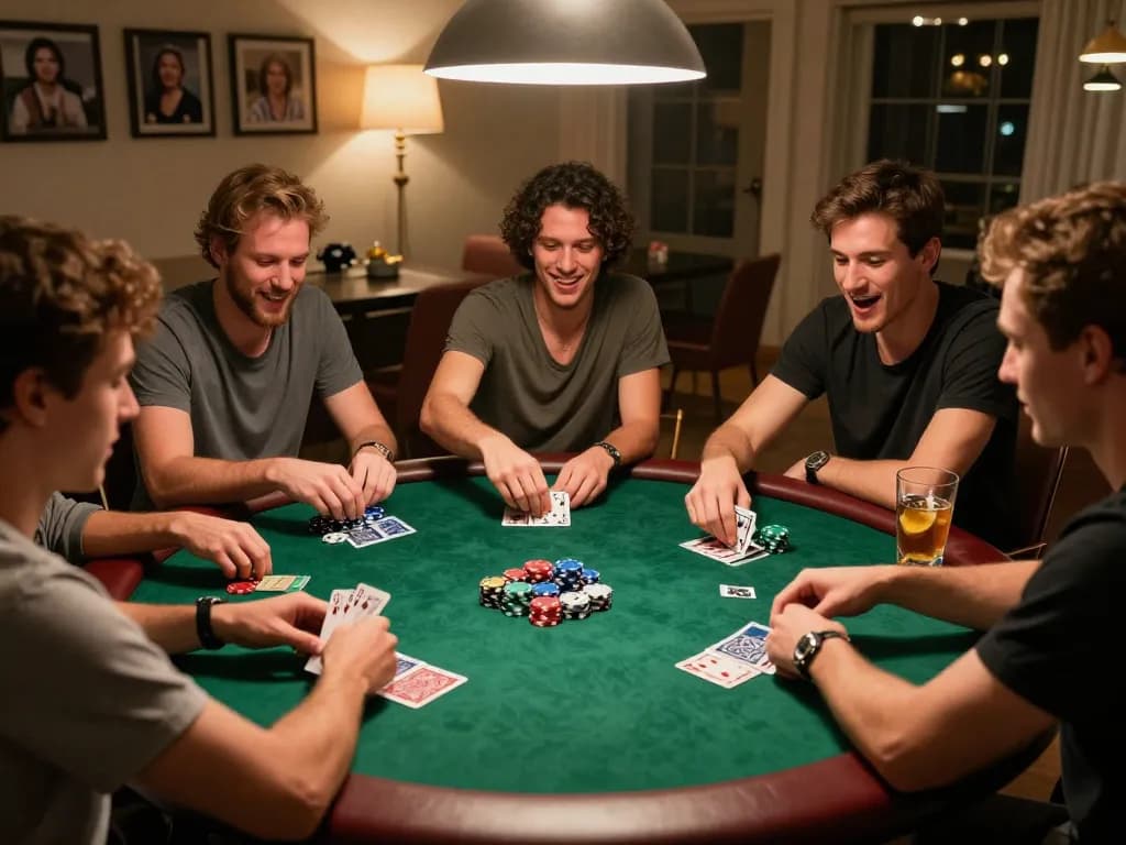 Friends enjoying poker night at home, showcasing strategic gameplay and excitement with ok365.