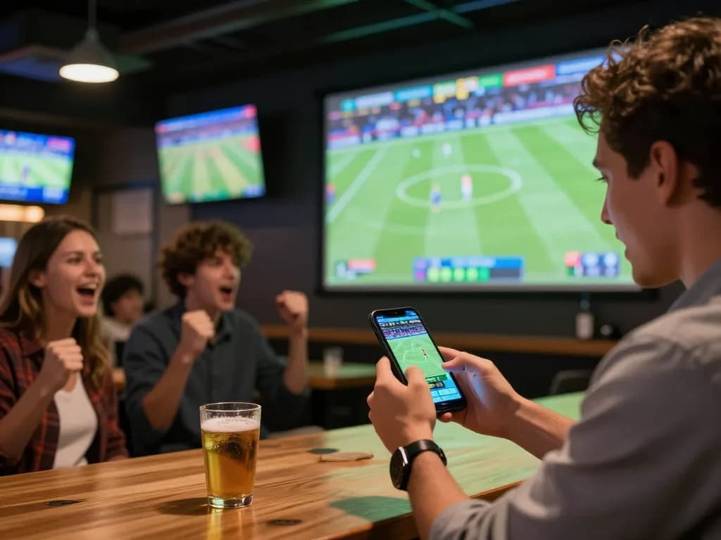 Bong88 sports betting enthusiast placing bets on smartphone while watching a live match in a lively setting.