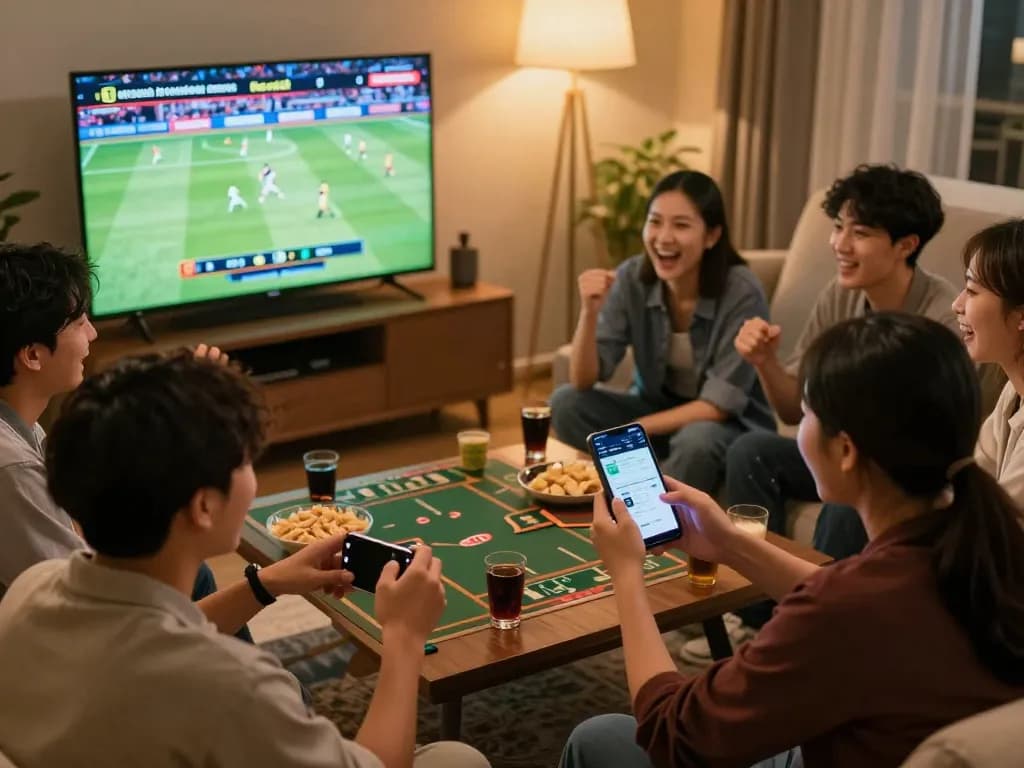 Person engaged in sports betting using nhandinhkeonhacai app during game night with friends, showing enthusiasm