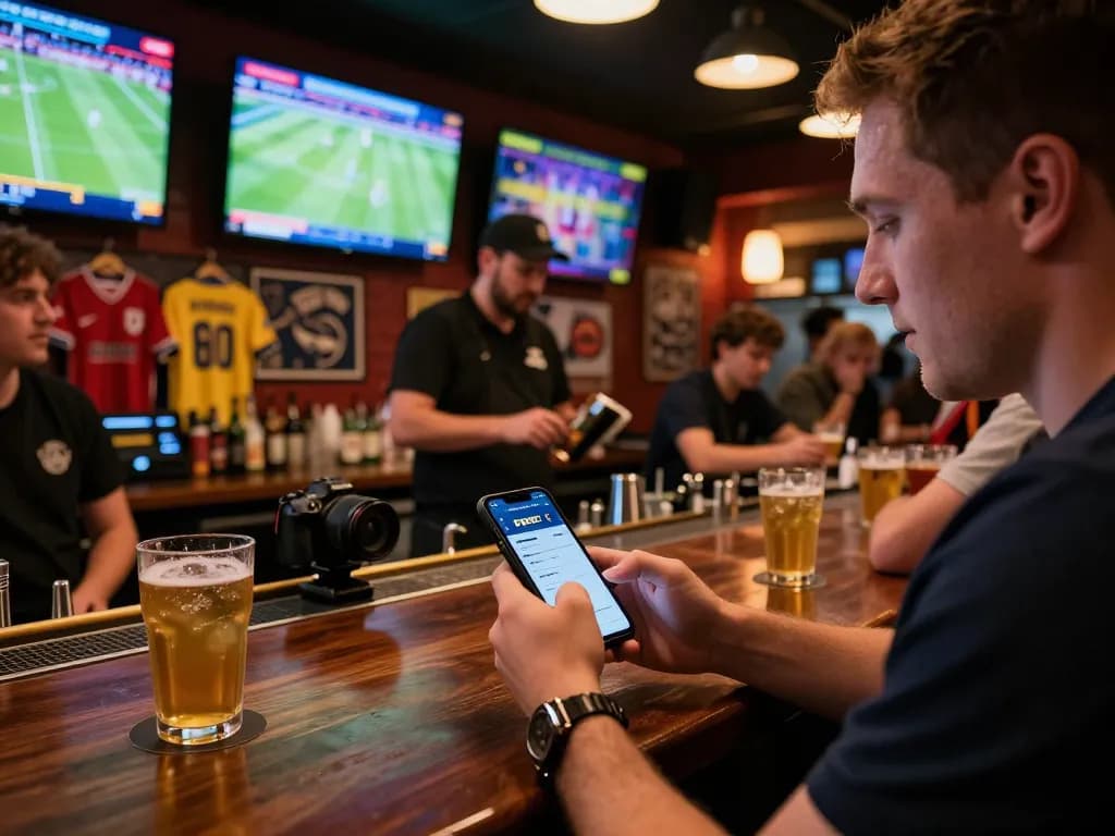 Person using the DEBET app for live sports betting at a vibrant bar, showcasing excitement and engagement.