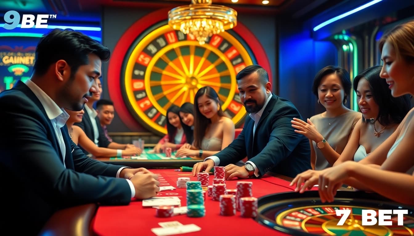 Experience the thrill of winning at 9BET with dynamic casino gaming visuals featuring poker chips and roulette wheels.