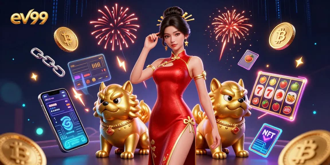 Experience the thrill of ev99 with a stunning casino scene featuring slot game elements, vibrant colors, and a glamorous woman.