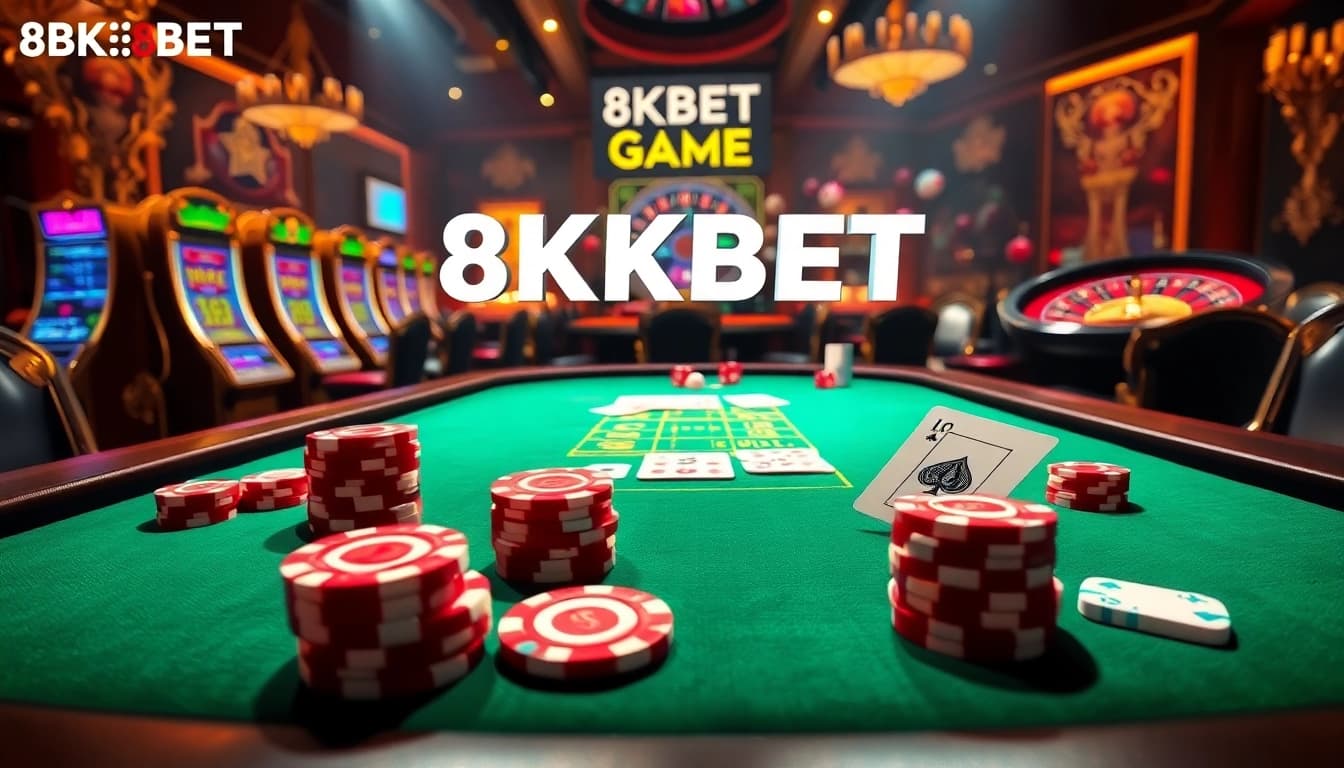 Experience the thrill of 8KBET GAME with luxury casino scenes featuring poker, roulette, and vibrant slot machines.