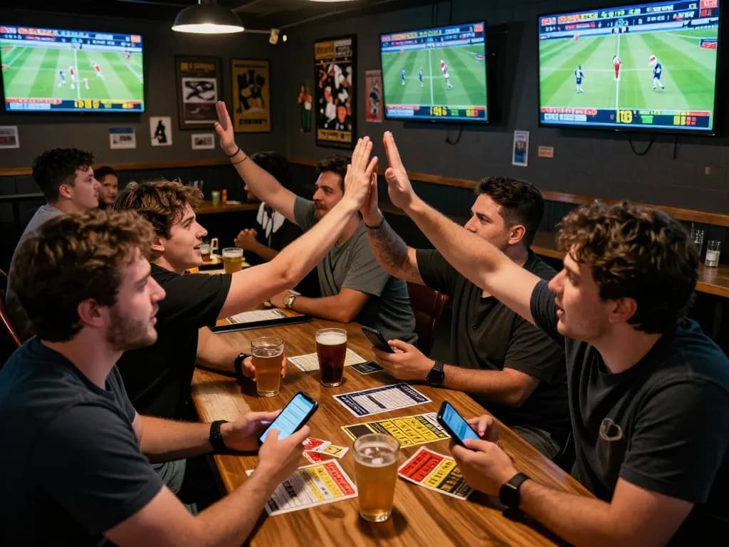 SboBet sports betting action with excited patrons placing bets at a lively sports bar during live matches