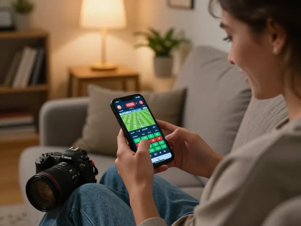 Excited player engaging with vsbet live sports betting on smartphone in cozy home setting.