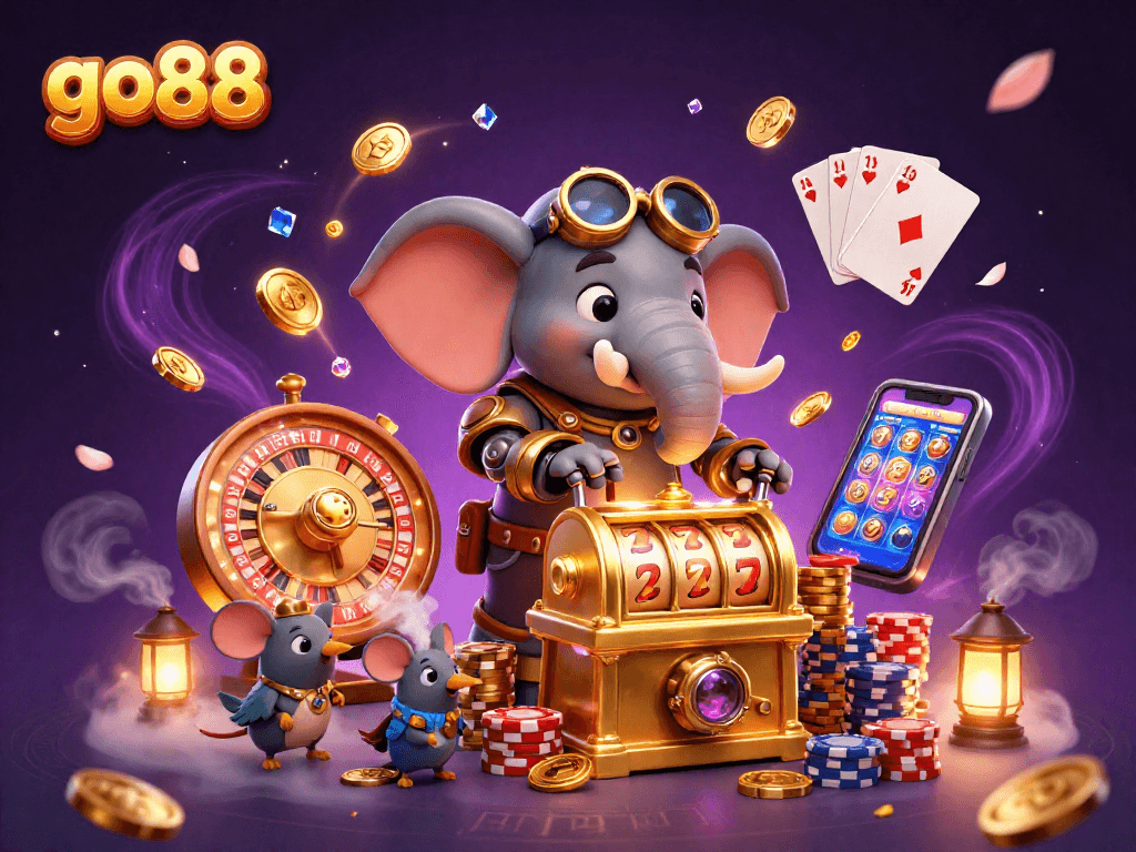 Spin to win with go88 as the steampunk elephant operates a golden slot machine, surrounded by riches.