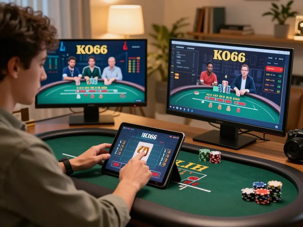 Tham gia vào blackjack chiến lược tại sòng bạc trực tuyến KO66 trong khi sử dụng máy tính bảng ở một văn phòng tại nhà ấm cúng.