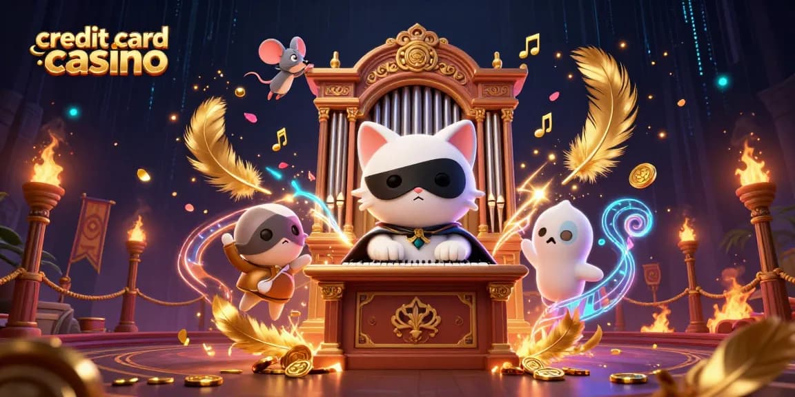 Engage players with a lively credit card casino scene featuring a whimsical cat and acrobat.