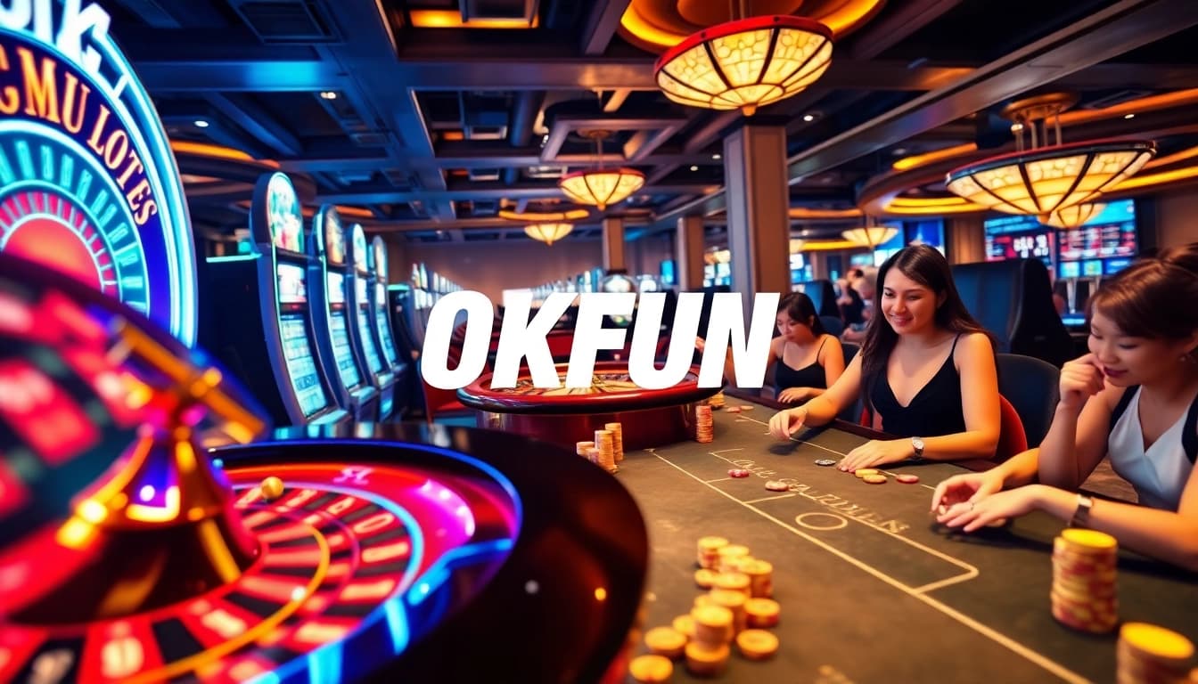 Exciting gambling scene at OKFUN with poker tables, roulette wheel, and vibrant atmosphere.