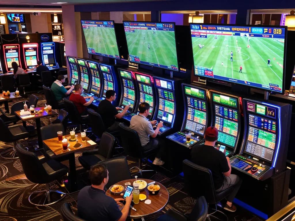 Watch bettors engaging with real-time odds on keonhacaii88's vibrant sports betting lounge screens