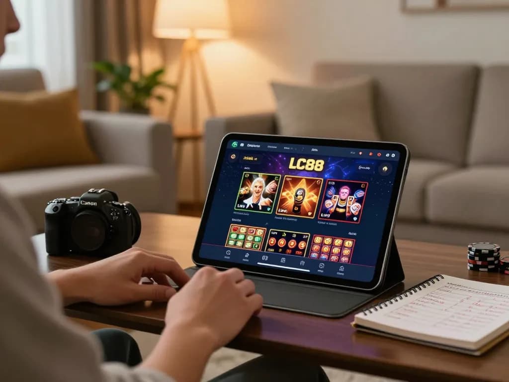 Player engaging with the lc88 casino app on a tablet in a cozy home setting, showcasing responsible gaming.