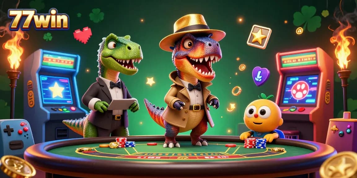 77win showcases an animated velociraptor card counter amidst vibrant gaming elements at a lively casino.