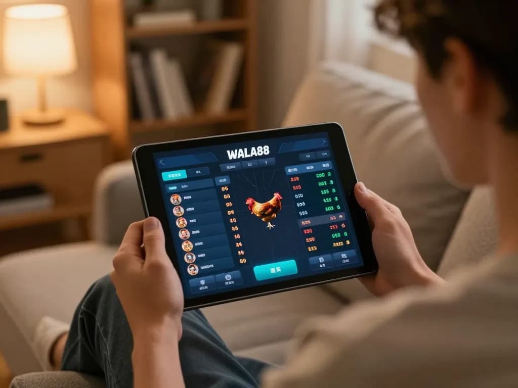 Engaged player betting on live chicken matches at WALA88 on a tablet in a cozy setting.