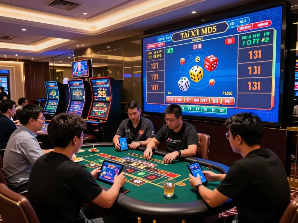 Players enjoying Tài Xỉu MD5 in an exciting online casino atmosphere with vibrant lighting.