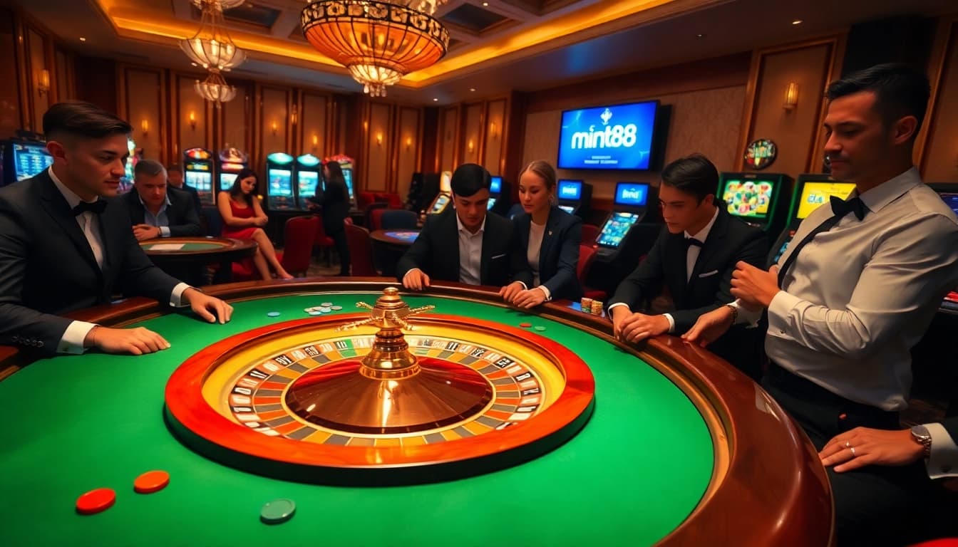 Mint88 showcases a vibrant casino scene with a roulette wheel and poker players.
