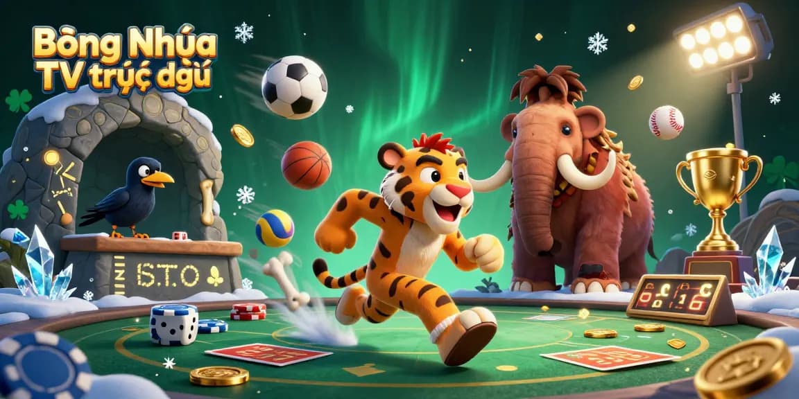 Bóng Nhựa TV trực tiếp showcases a vibrant 3D illustration featuring a caveman and sabertooth tiger running a dynamic casino filled with sports elements.