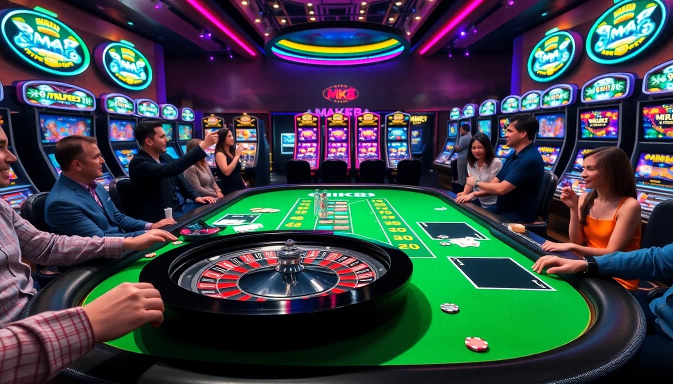 Engaging casino scene showcasing MK8 themed poker and roulette tables with enthusiastic players.