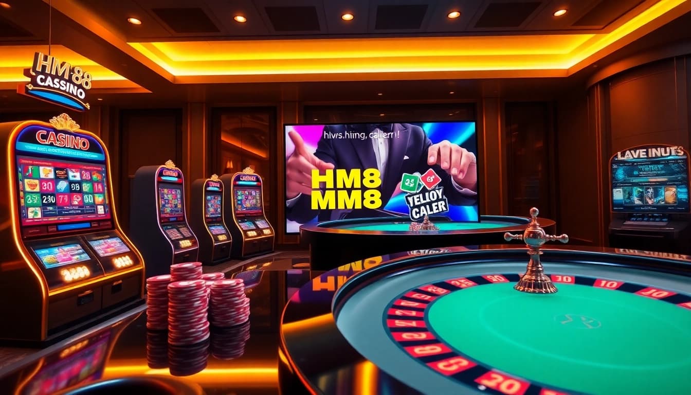 Engaging high-tech casino scene featuring https://hm88.cafe/ live dealer, slot machines, and dynamic betting interface