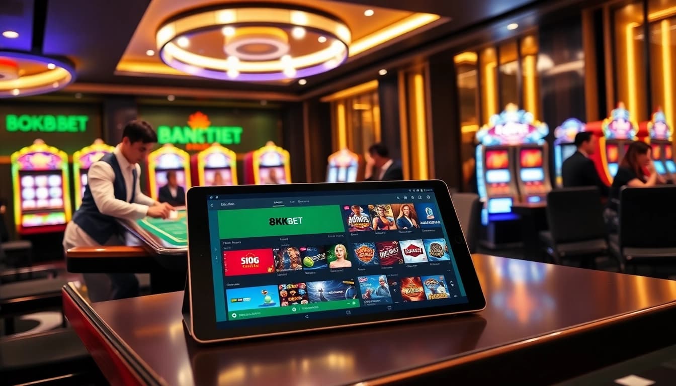 An engaging scene at trang chủ 8kbet, showcasing dynamic gaming with modern casino tables and vibrant slot machines.