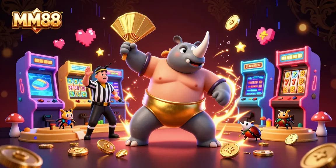 MM88 gambling scene with cartoon beetle champion and vibrant casino elements.