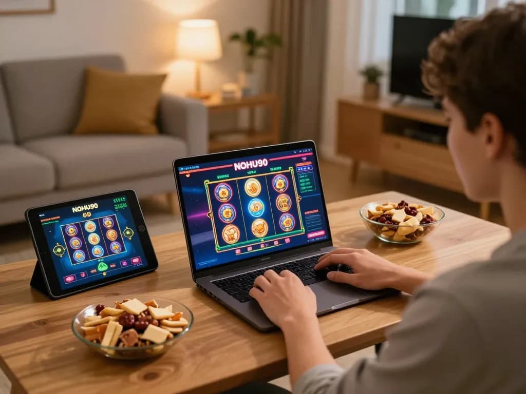 Engaging online gaming experience on NOHU90 with thrilling slots and a cozy setup.