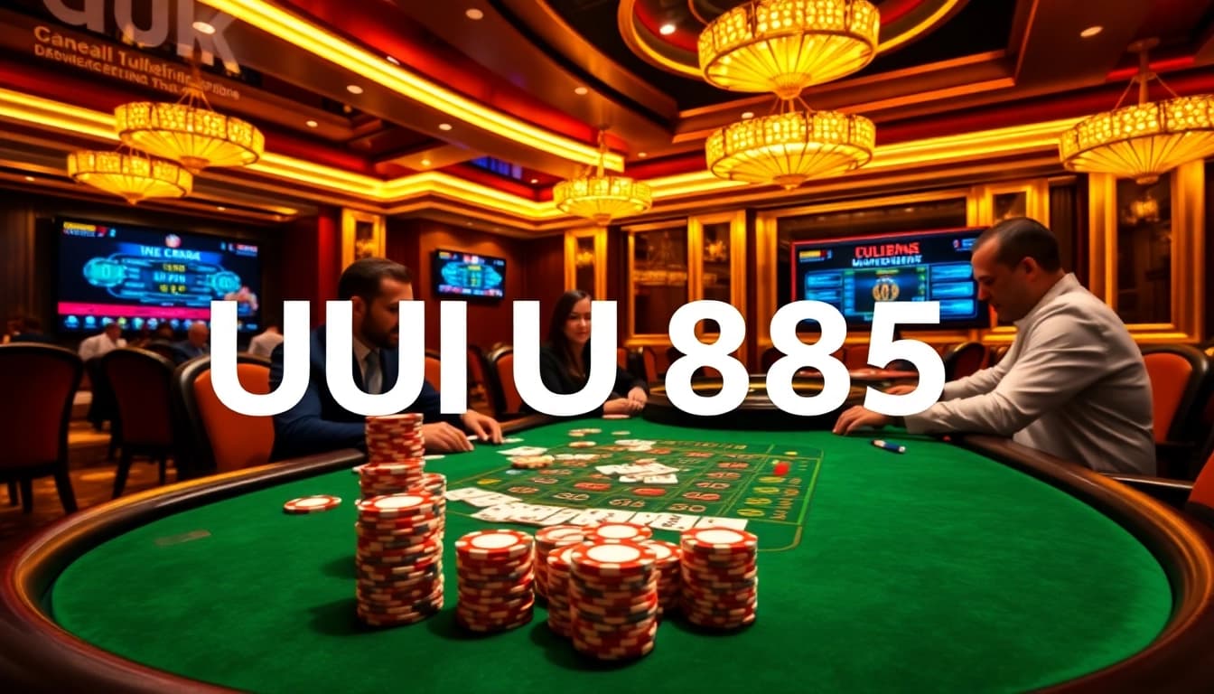 Engage in thrilling poker action at UUU885 casino with players and vibrant betting chips showcased.