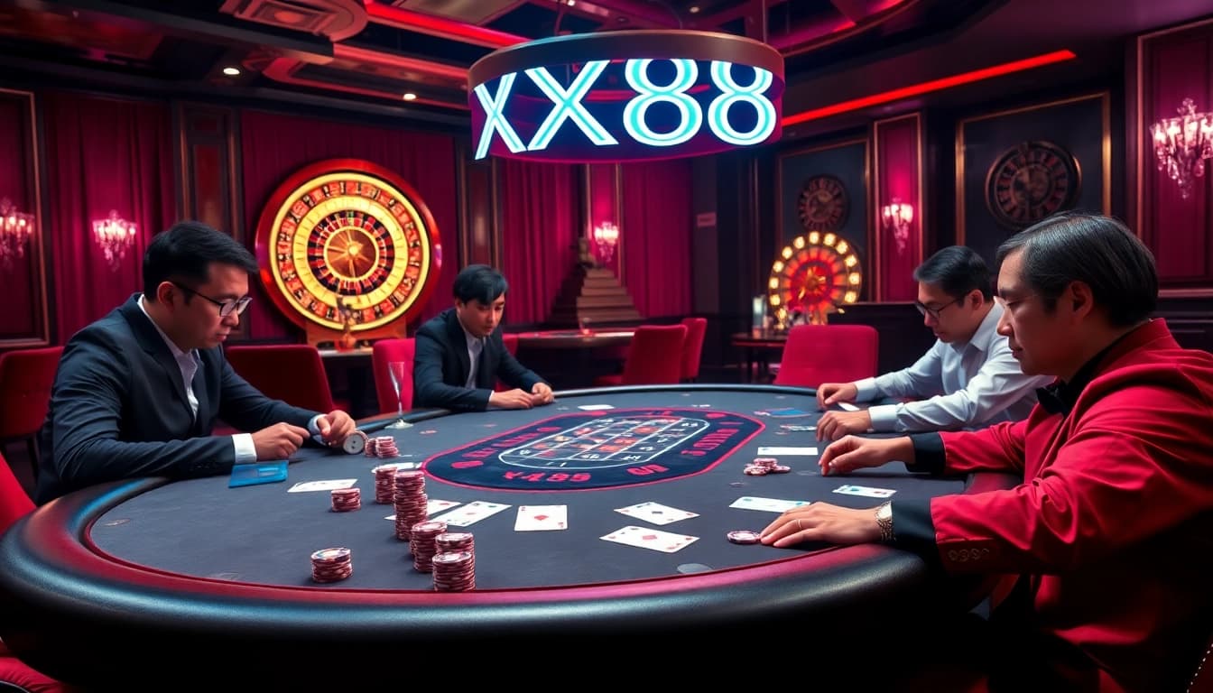 High-stakes poker action at the luxurious XX88 casino with professional players and vibrant chips.