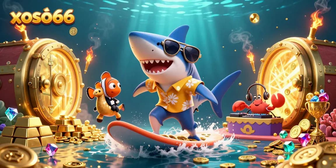 Experience the excitement of xosố66 with a vibrant, action-packed casino scene featuring whimsical marine characters.