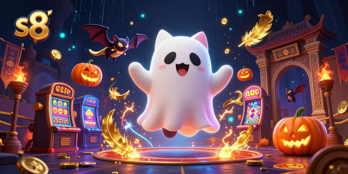 S8 players enjoy thrilling games as a ghost cat explores a haunted casino with vibrant poker pumpkins and golden coins.