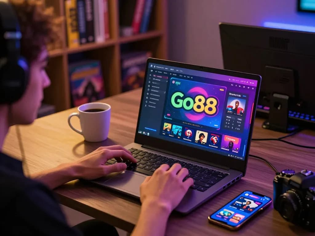 Player engaging in online gaming with Go88 platform, showcasing a vibrant interface and cozy atmosphere