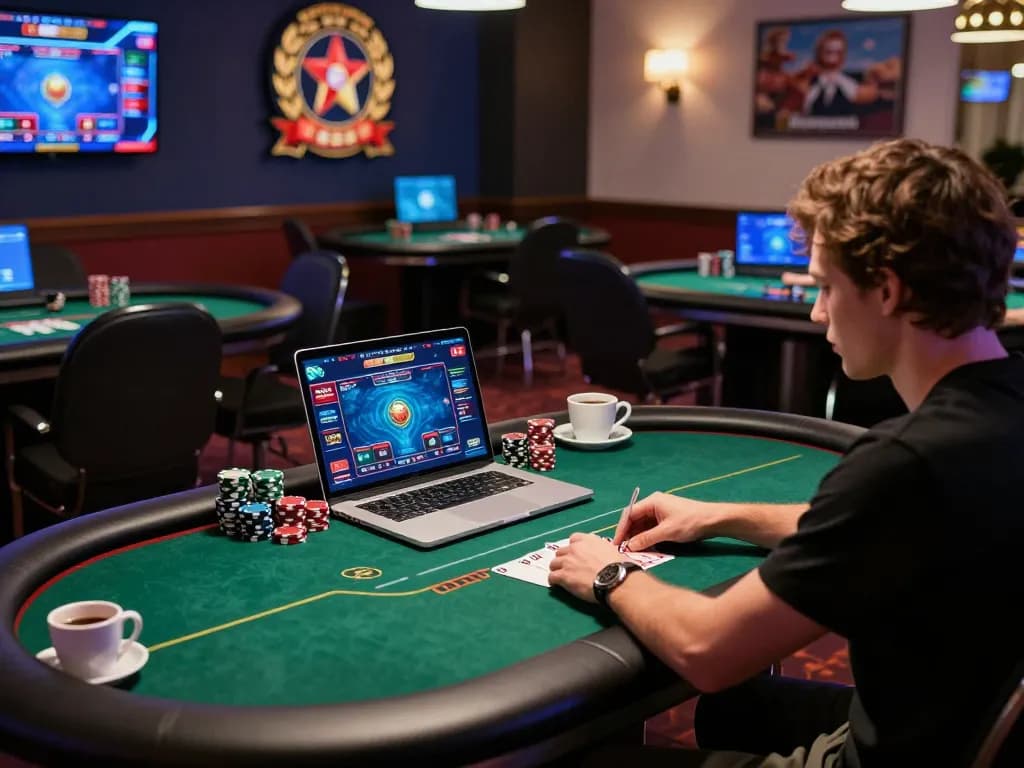 79club player enjoying an online poker game with laptop, emphasizing strategic play and engagement