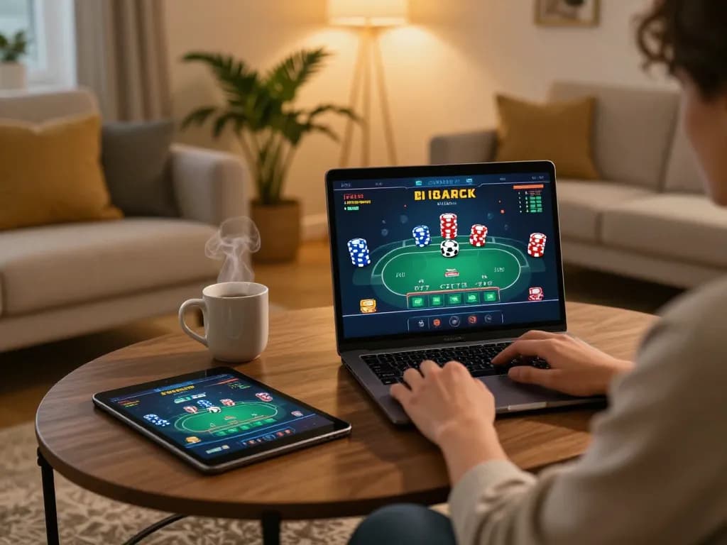Person enjoying JUN88 online casino gaming from the comfort of their home setup.