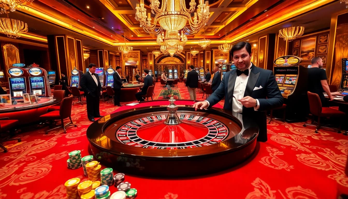 Gamblers enjoying a GG88-themed roulette table in a luxurious casino setting.