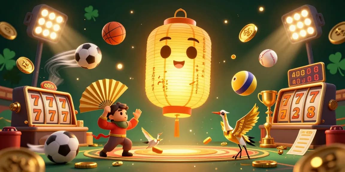 Engage with the vibrant casino spirit of okfun, showcasing dynamic golden lanterns, sports, and lucky charms.