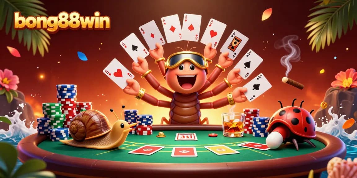 Experience thrilling action at bong88win with a unique 3D casino scene featuring extravagant characters, poker elements, and tropical decor.
