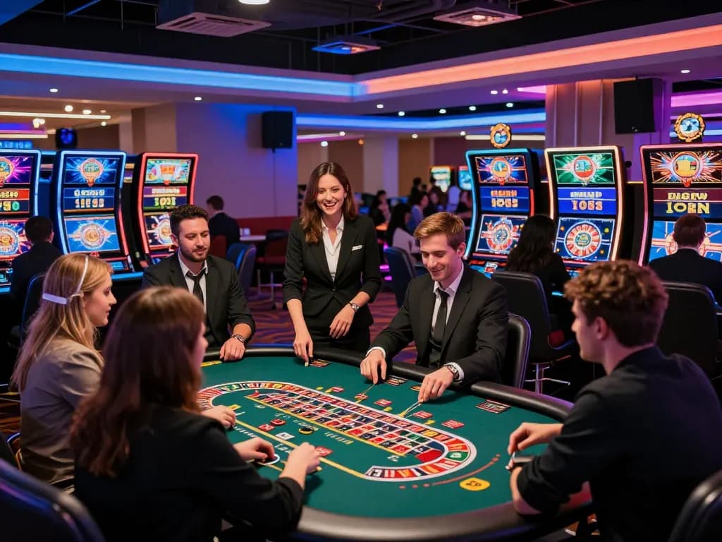 Engaging casino scene at BL555 showcasing players enjoying various games, vibrant atmosphere.