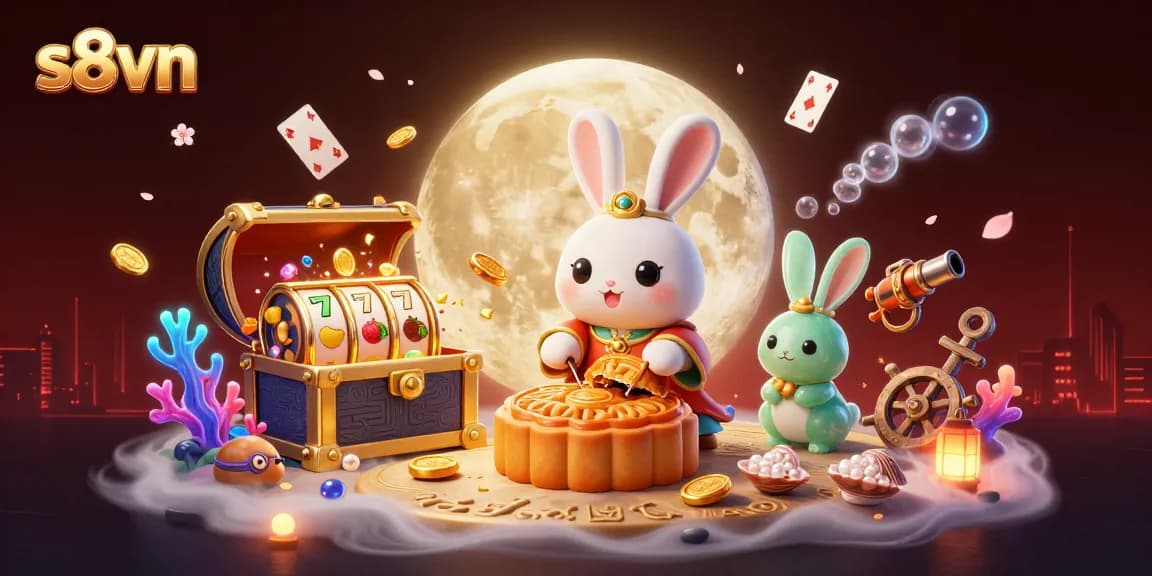 s8vn captivates players with vibrant 3D gambling illustration featuring moon rabbits, slot reels, and treasure chests for an exciting gaming experience.