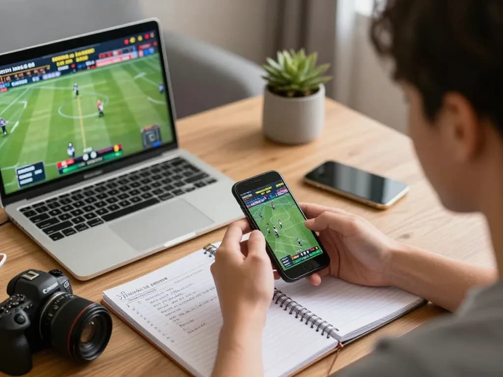Excited player using twin68 smartphone for betting on sports events in comfortable home office.