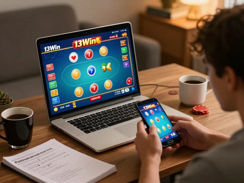 Engaged player experiencing a thrilling 13Win poker game on a smartphone in a cozy setup.