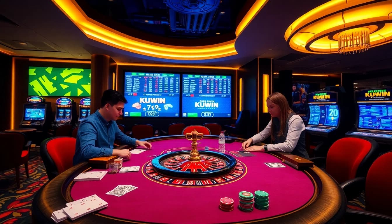 Engage in thrilling poker action at KUWIN casino with vibrant chips and cards.