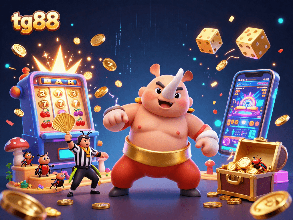 Experience excitement with tg88 as a sumo beetle champion surrounded by slot machine jackpots.