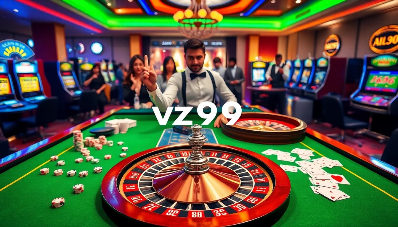 Experience the thrill of gambling with vz99 at a luxurious casino table filled with chips and cards.