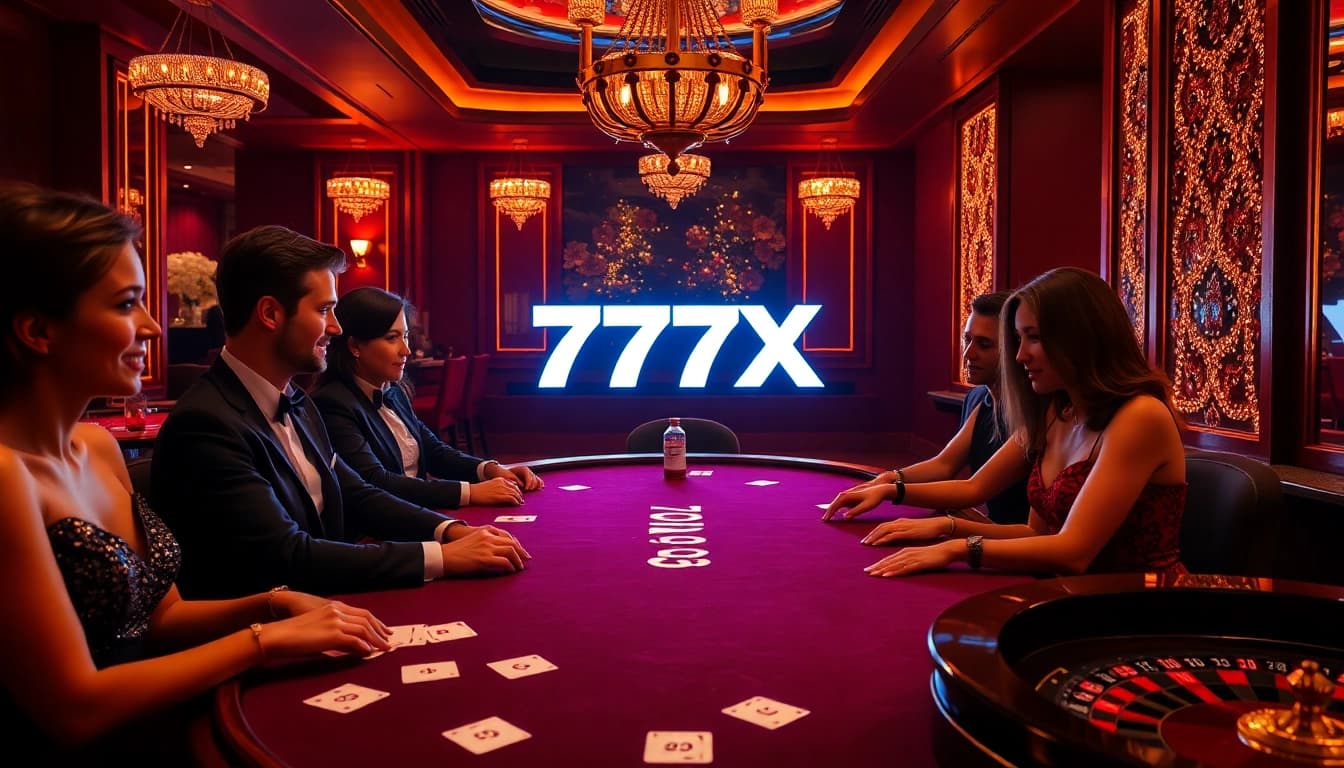 Experience the thrill of 777X at a glamorous casino table with poker chips and cards.