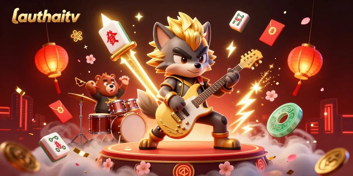 Experience the excitement of gambling with lauthaitv as a rock star wolf shreds guitar, surrounded by festive casino elements.